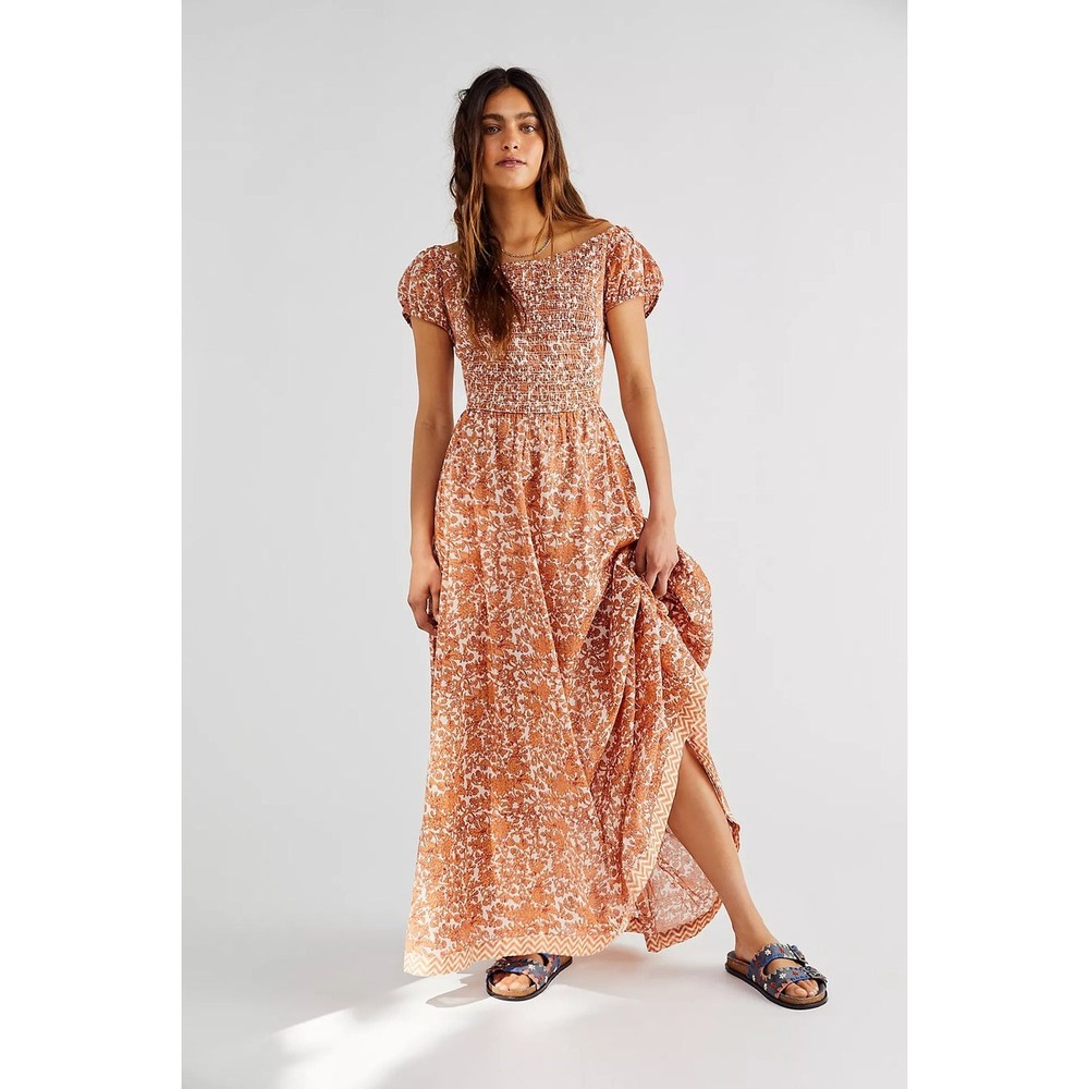 Free People Extratropical Maxi Dress Terracotta Floral Smocked Open Back Size M